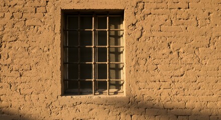 A weathered, sunlit brick wall with a barred window, showcasing textures and shadows