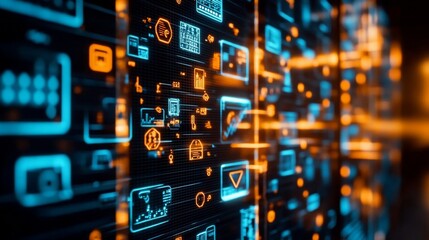 High-tech futuristic interface with glowing icons and data visualizations demonstrating technology digital