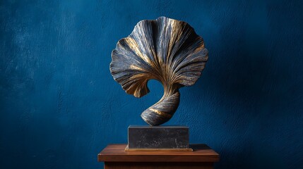 Abstract sculpture with gold and black on blue background