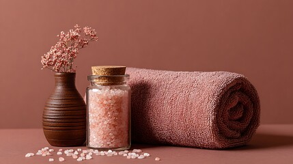 Spa arrangement with towel, salt, vase, and flowers on table