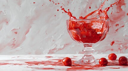 Red liquid splashing from a glass on a white surface