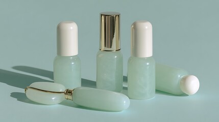 Assortment of jade skincare products on a blue background