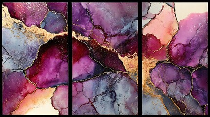 Abstract alcohol ink painting with gold accents on canvas