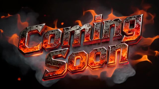 Fiery three dimensional text announcing imminent arrival surrounded by smoke and embers
