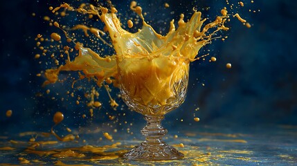 Orange juice splashing out of a glass on blue background