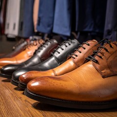 Close-up of several pairs of men's leather dress shoes on display