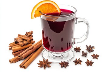 Mulled wine in a glass with orange and cinnamon on white