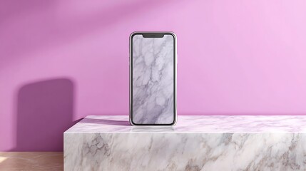 Smartphone on marble pedestal against a purple background