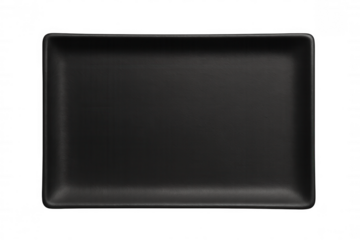 Empty black rectangular matte plate for serving food, isolated, with transparent background, top view