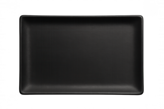 Empty black rectangular matte plate for serving food, isolated, with transparent background, top view
