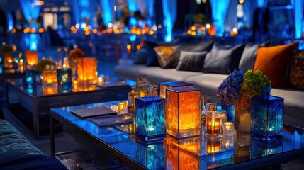 Obraz premium Elegant cocktail lounge decorated with glowing blue and amber glass lanterns creating cozy evening ambiance