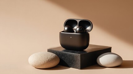Black wireless earbuds with charging case on display stand