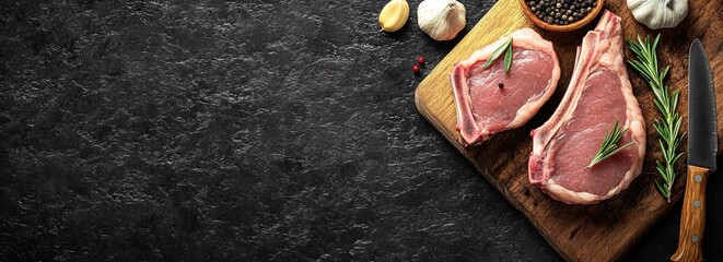 Raw meat and spices composition on rustic wooden background for steak recipe