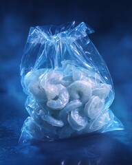 Frozen Shrimp in Clear Plastic Bag on Dark Background
