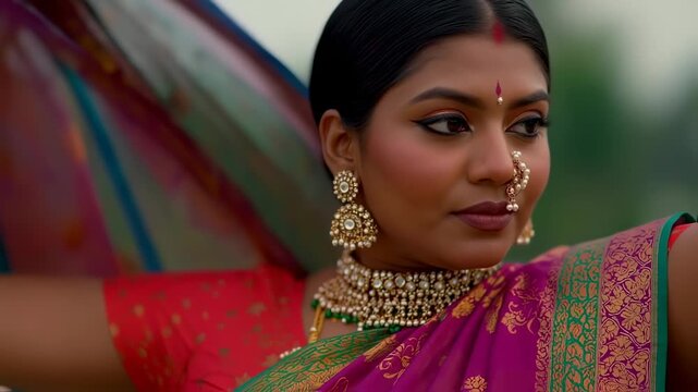 Woman in traditional Indian attire, adorned with elaborate jewelry and a vibrant sari