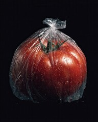 Fresh Tomato in Clear Plastic Bag with Water Drops