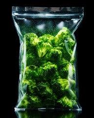 Fresh Broccoli in Sealed Plastic Bag on Black Background