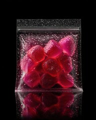 Colorful Gummies in Transparent Bag with Water Droplets