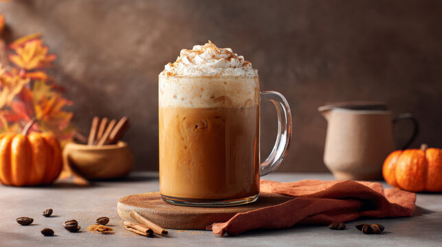 Festive iced pumpkin spice coffee with creamy froth and cinnamon sprinkle on wooden board with autumn decor