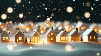 Serene Winter Scene with Miniature Houses Blanketed in Snow and Warm Lights, A featuring