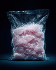 Pink Frozen Fish in Plastic Bag on Dark Background
