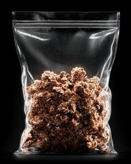 Granola in Clear Plastic Bag on Black Background