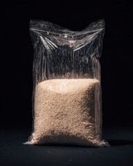 Clear Bag of Small White Granules on Dark Background