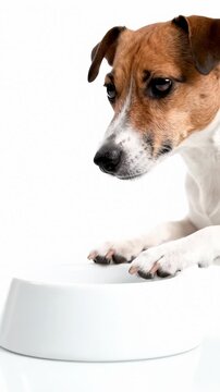 Adorable Jack Russell Terrier Peering Intently at an Empty Bowl, Isolated on White