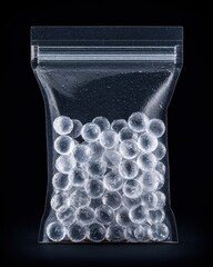 Clear Bag of Transparent Balls on Black Background