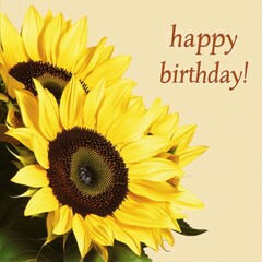 Sunflower Happy Birthday Greeting Card Flat Lay on Beige Background with Minimalist Birthday, text sunflowers square © Chayanan