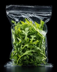 Freshly Packaged Green Salad Leaves in Clear Bag