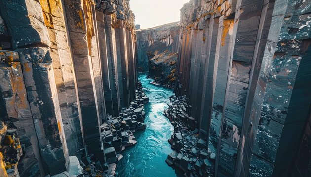 A canyon of basalt columns overlooks a ribbon of turquoise river raking side light carves faceted rock geometry with ultra clean detail from foreground to infinity