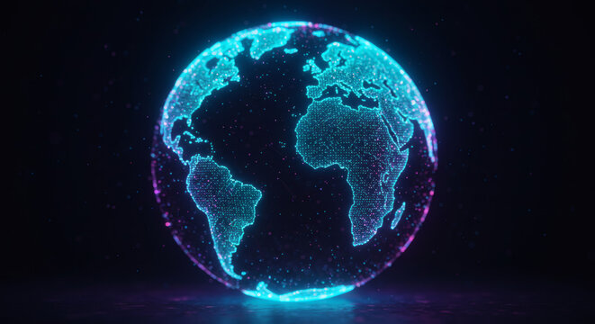 Futuristic digital Earth globe with glowing particle network representing global communication, interconnected data streams, and advanced technology on a dark background - Powered by Adobe