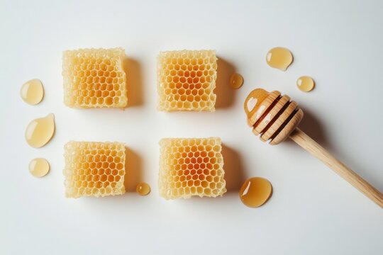 Sweet Honeycombs and Dipper on Clean White Background with Copyspace for Text background, space