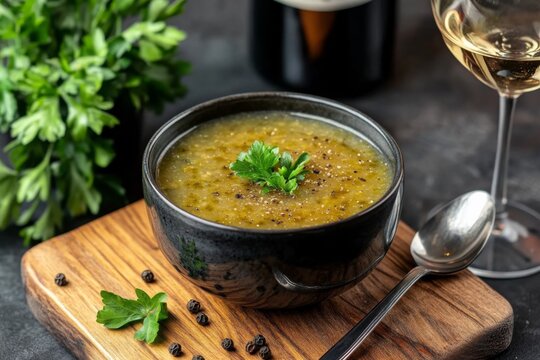 Tasty Chicken Soup Concept on Wooden Background: Delicious and Savory Culinary Composition. of food