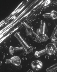 Close-Up of Screws in Water with Bubbles