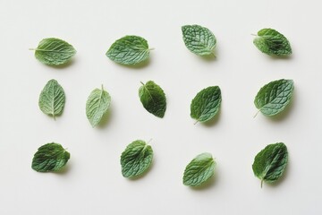 Top view of mint leaves on a white background in flat lay with background