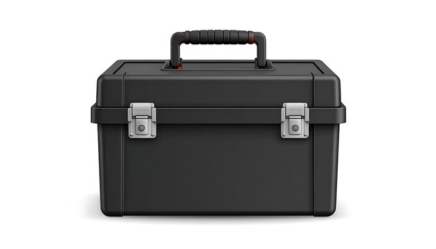A front-facing, closed, black plastic toolbox with metal clasps and handle