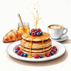 Delicious stack of pancakes with fresh berries, golden honey, croissant, and latte art, a perfect brunch idea for a cozy morning treat