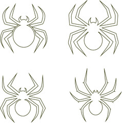 Set of spider icons in flat and outline styles, suitable for spooky posters, creepy logos, and horror visuals.
