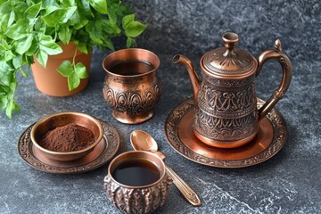 Traditional Turkish Coffee Preparation in Copper Pot and Matching Cup. Oriental cooked