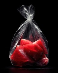 Plastic Bag with Red Substance on Black Background