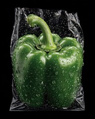 Fresh Green Bell Pepper in Transparent Packaging