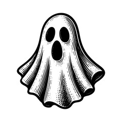 Vintage black and white vector illustration of a ghost, engraved style spooky character for Halloween, horror, or gothic design projects