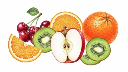Watercolor-style arrangement of sliced and whole fruits on white - Powered by Adobe