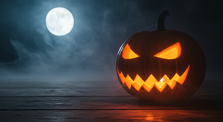 Close-up of a glowing jack-o&rsquo;-lantern on a wooden porch at night with fog and full moon in the background.