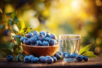Blueberries spilling from a wooden bowl next to a glass of water