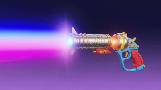 Stylized blaster with light beam, silver body and blue handle on a purple background
