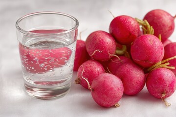 Fresh radishes and a glass of water on a white background