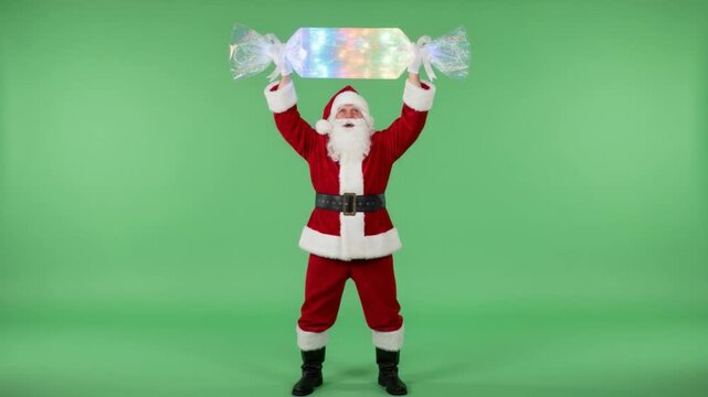 Joyful Santa with Gift: A jolly figure, representing the spirit of generosity and joy. Holding a whimsical, iridescent gift high above his head, a beacon of delight against a bright green backdrop.